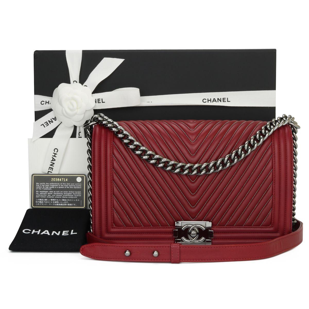 Dark Red Chain-trimmed Chevron Boy Bag