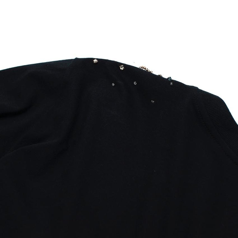 Prada Navy Cotton T-Shirt with Crystal Embellished Shoulder