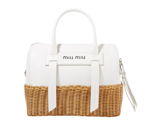 Miu Miu White Midollino Leather and Raffia Top Handle Bag