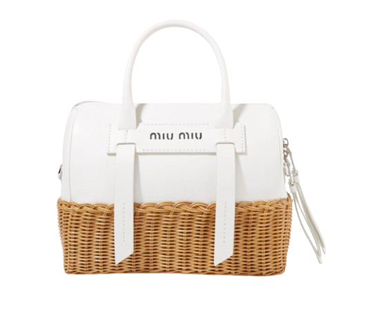 Miu Miu White Midollino Leather and Raffia Top Handle Bag