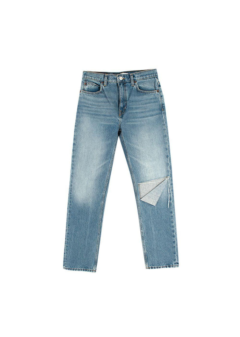 raw hem blue jeans