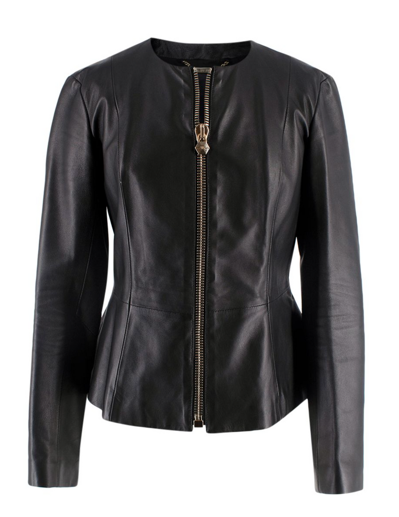 Philipp Plein Fitted Peplum Leather Jacket with Skull Appliqué