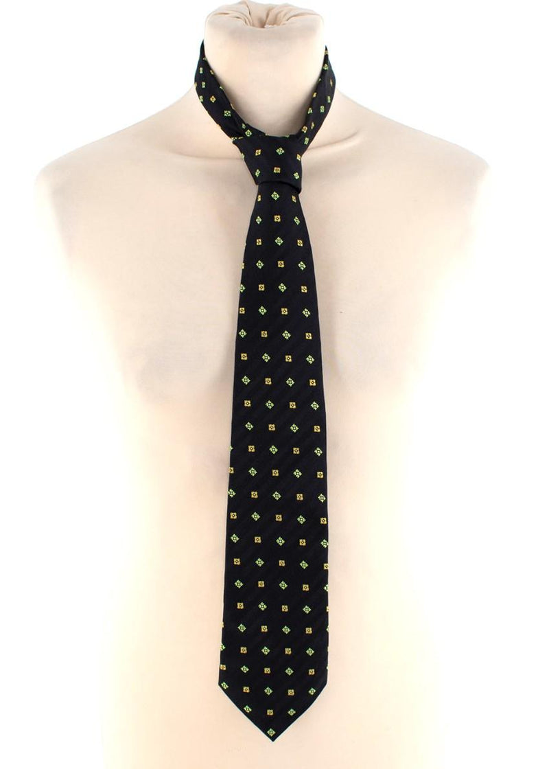 A Picci Green & Yellow Motif Black Silk Twill Tie