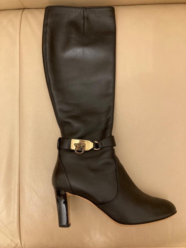 Ferragamo Black Leather Gancini Buckle Knee Boots