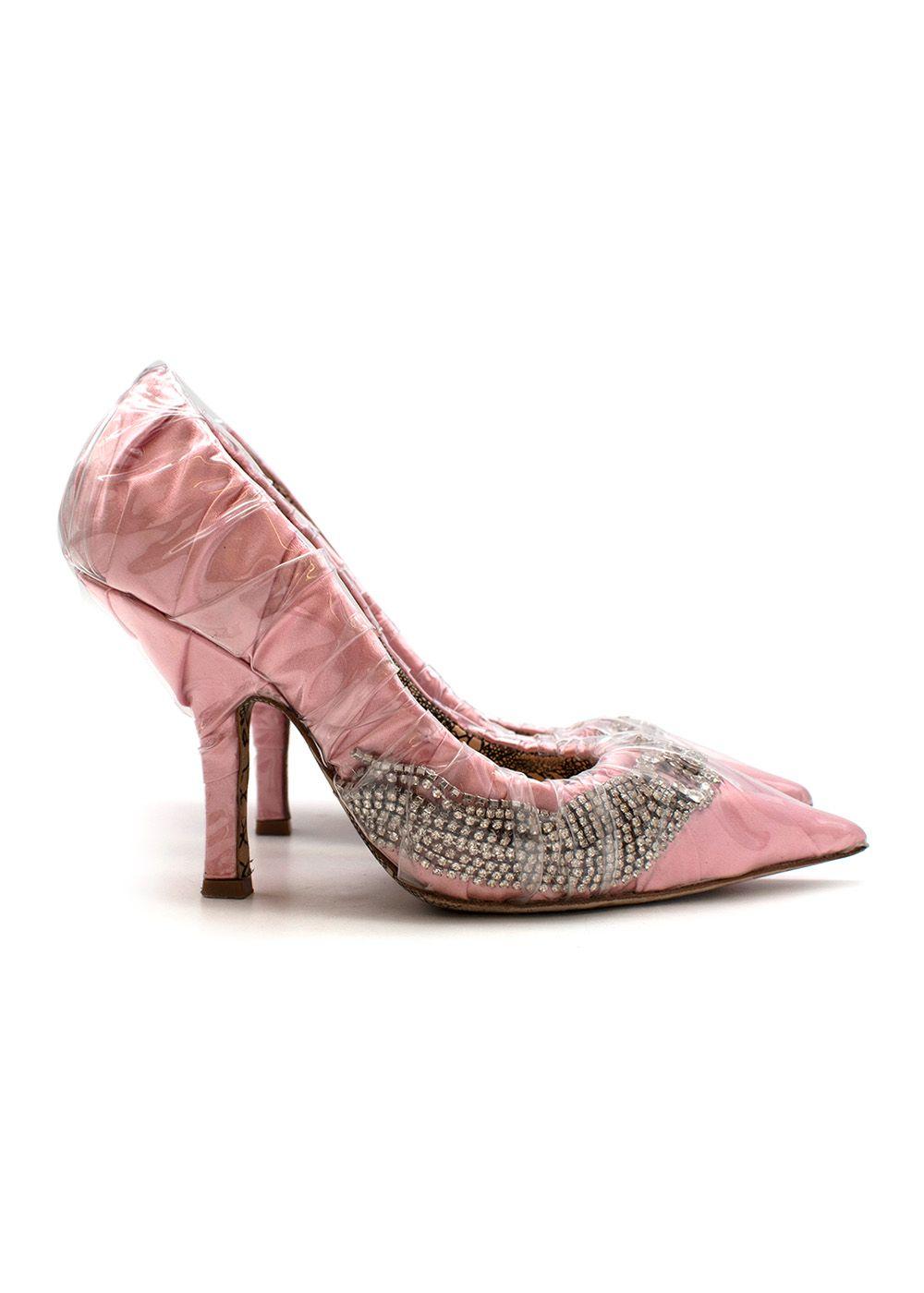 by Midnight pink satin, crystal & clear PVC heeled pumps