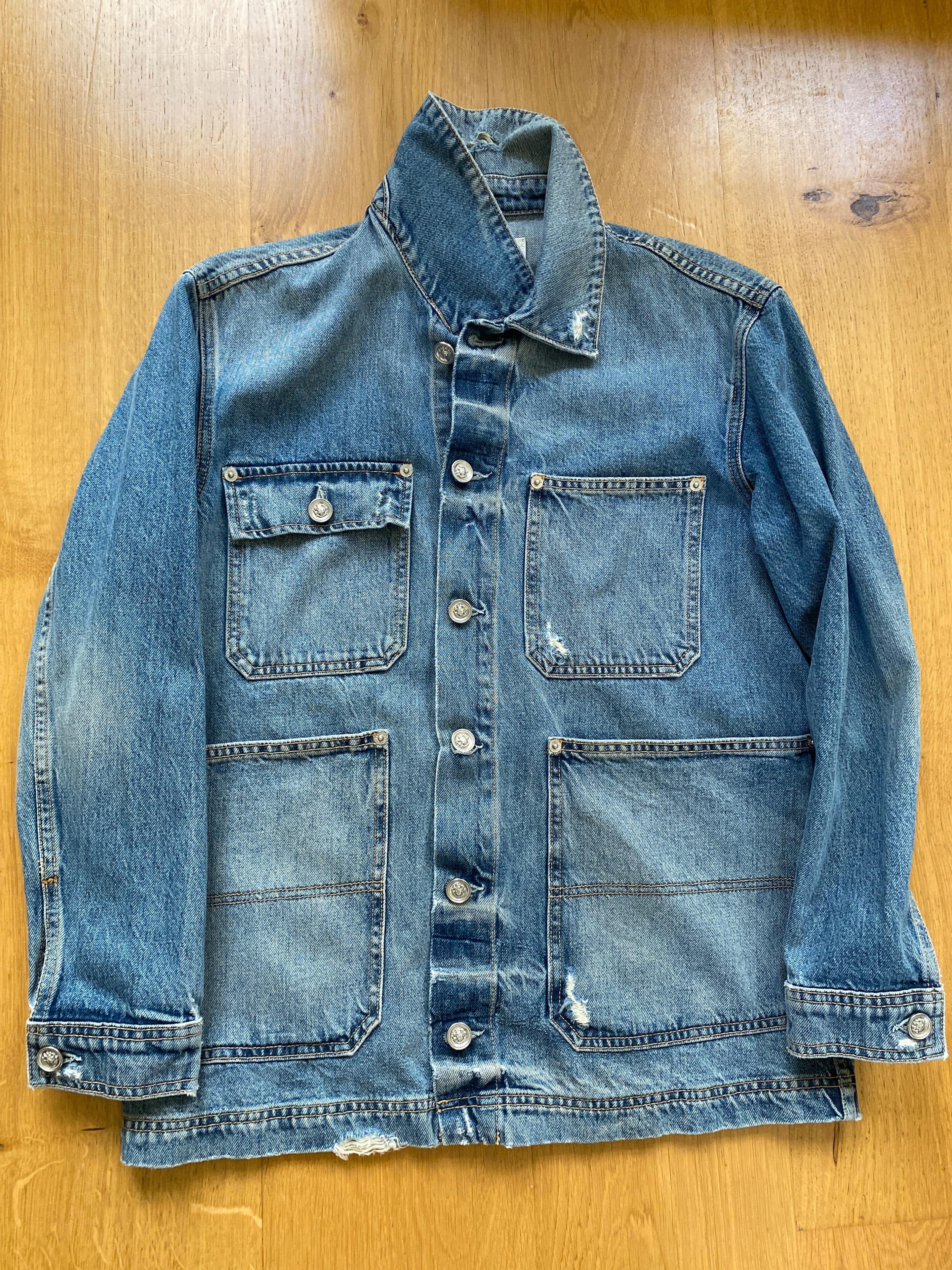 Distressed Denim Worker Utility Jacket