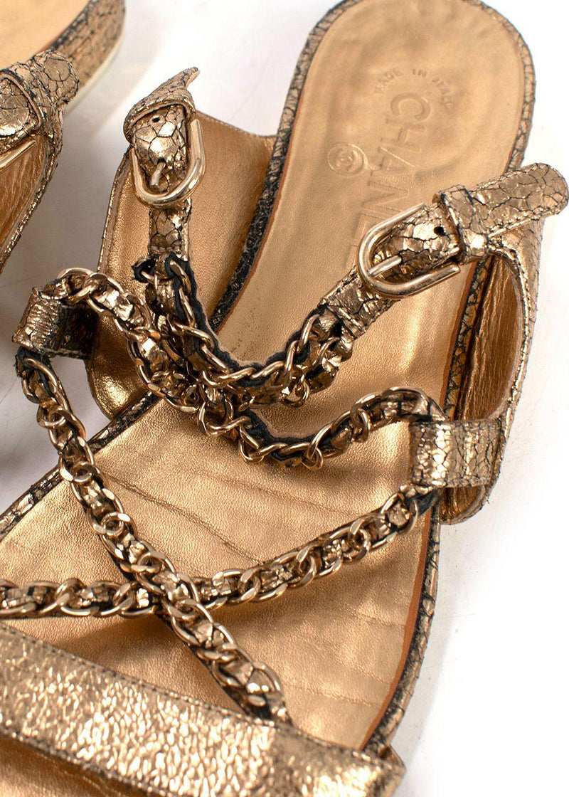 Chanel Metallic Gold Leather Chain Detail Sandals