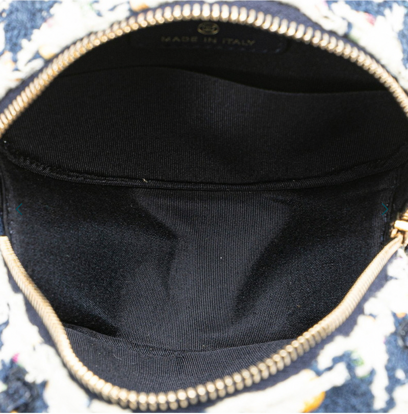 Chanel Navy and White 2020 Tweed 19 Round Clutch With Chain