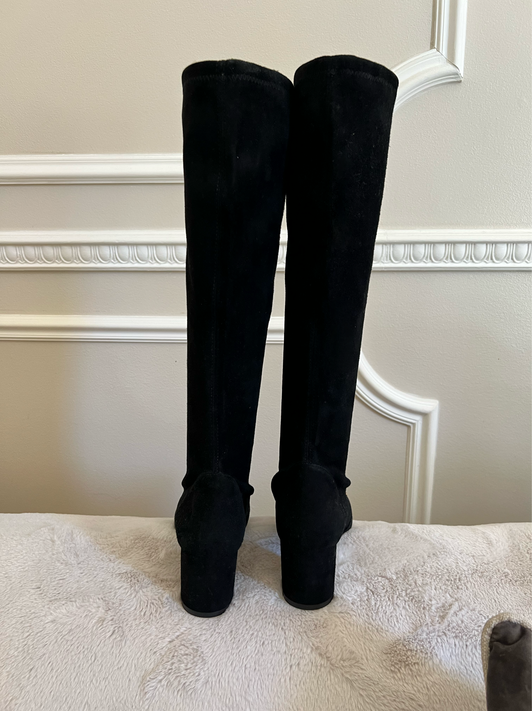 Valerie 60 chain-trimmed patent-leather and stretch-suede knee boots