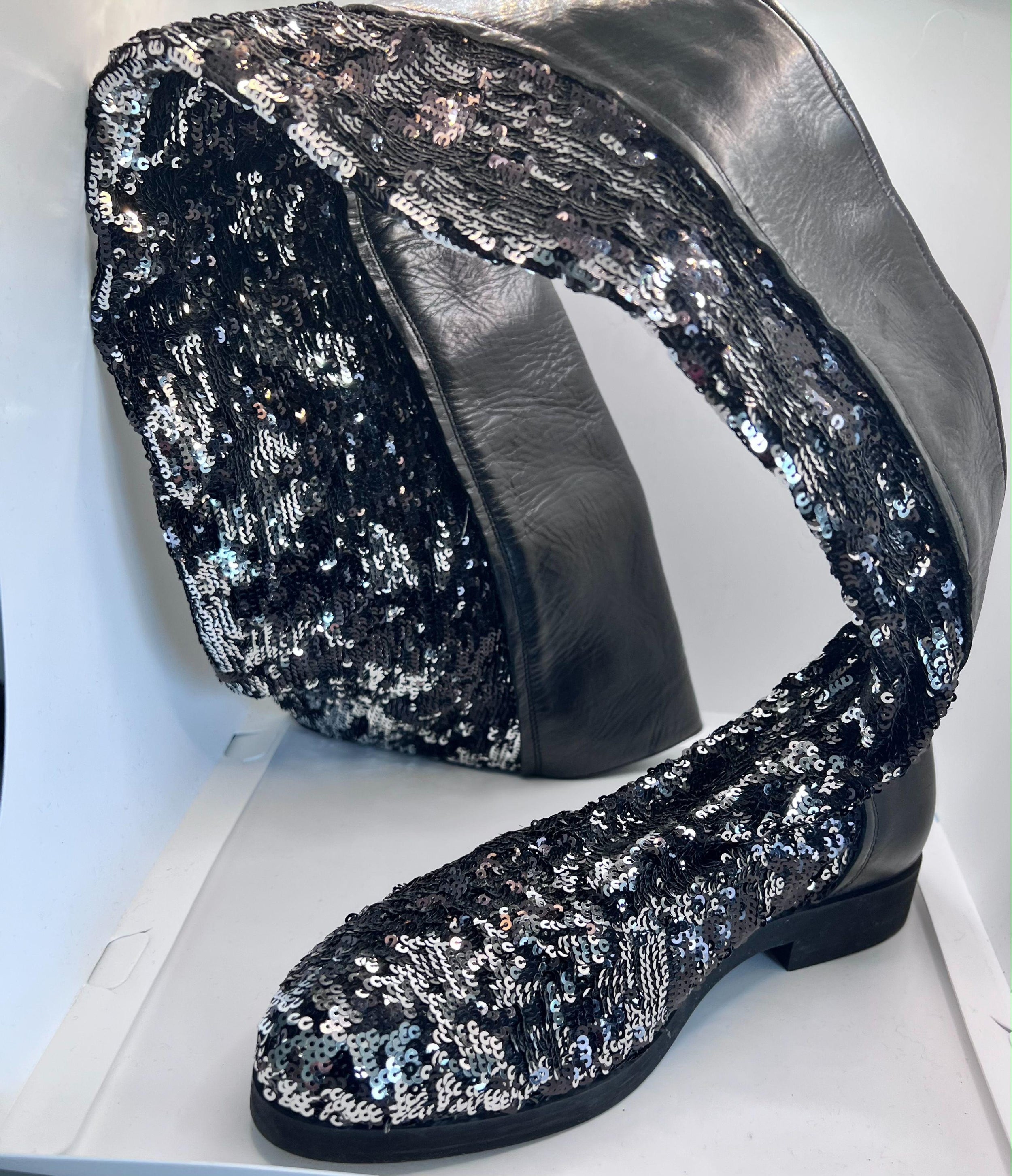 Black Leather Sequinned Over the Knee Boots