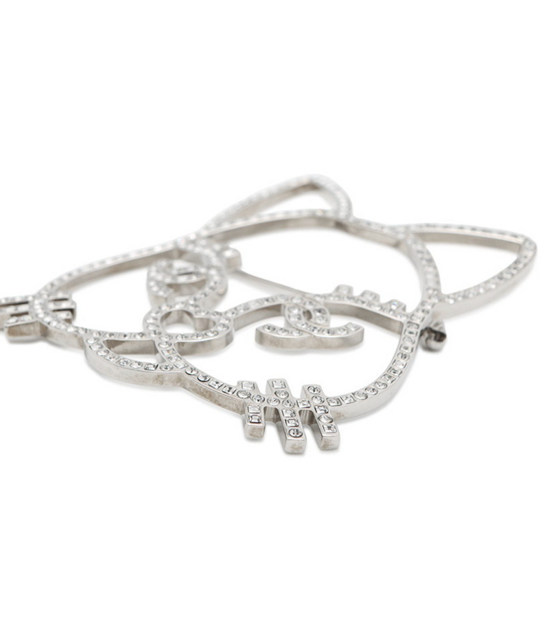 Chanel Silver Crystal Cat Brooch Pin