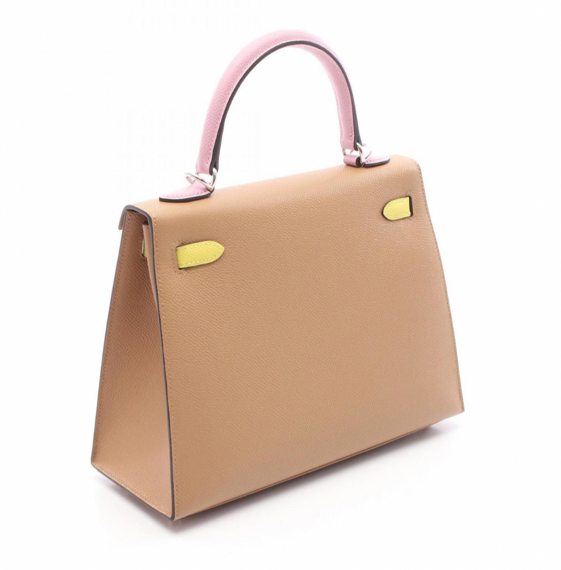 Hermès Kelly 25 Tricolore bag 25 in Chai, Citron and Mauve Epsom Leather with Silver hardware