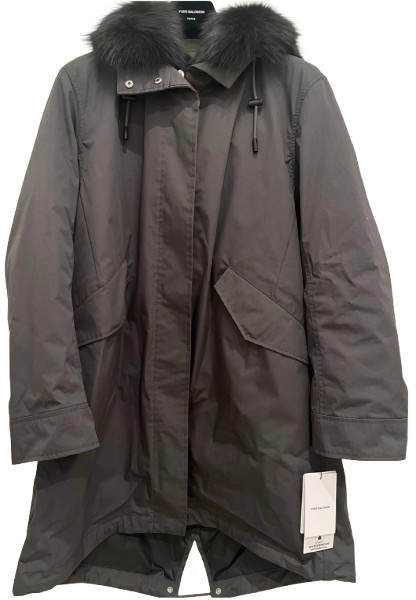 Yves Salomon Grey Fur Lined Fox Trim Hooded Parka