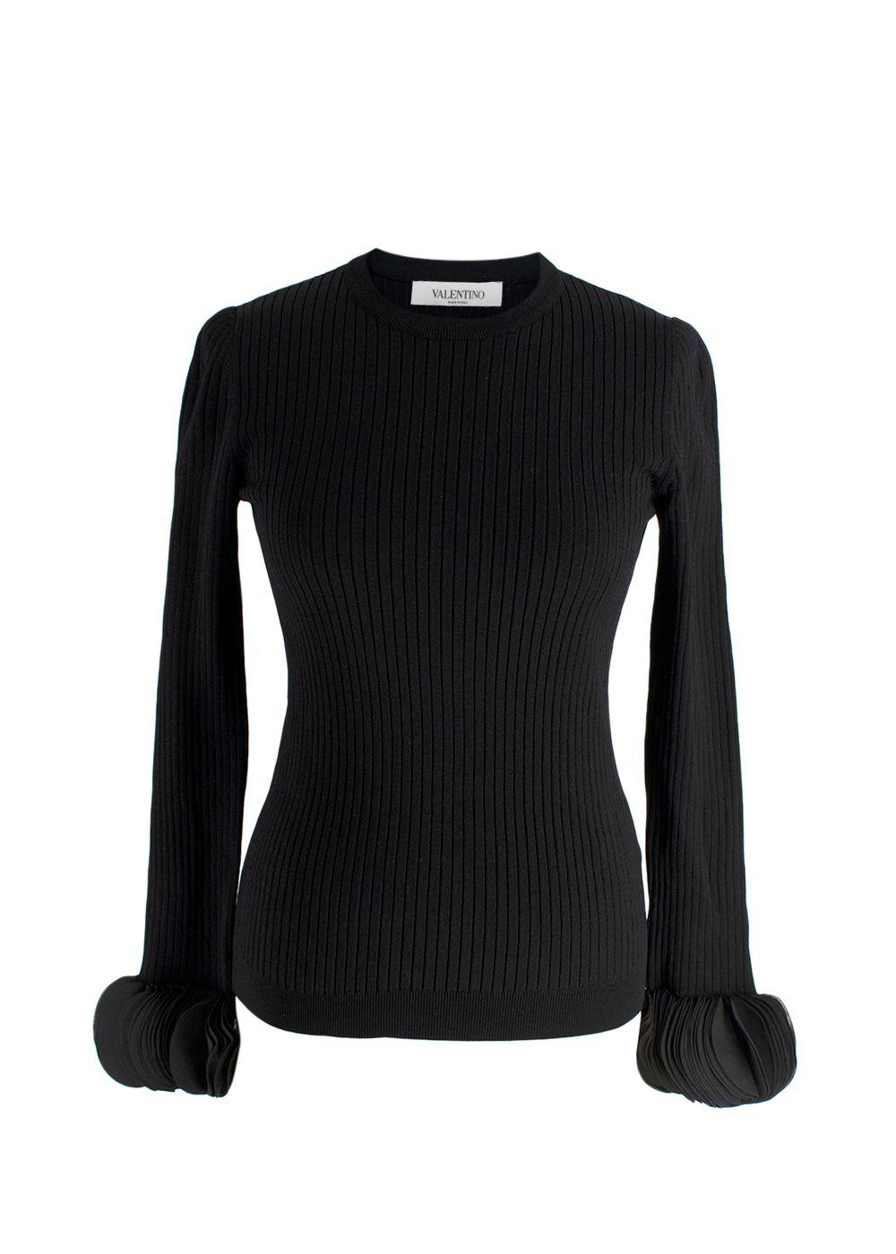 Valentino Black Silk Georgette-Trimmed Ribbed Stretch-Knit Sweater