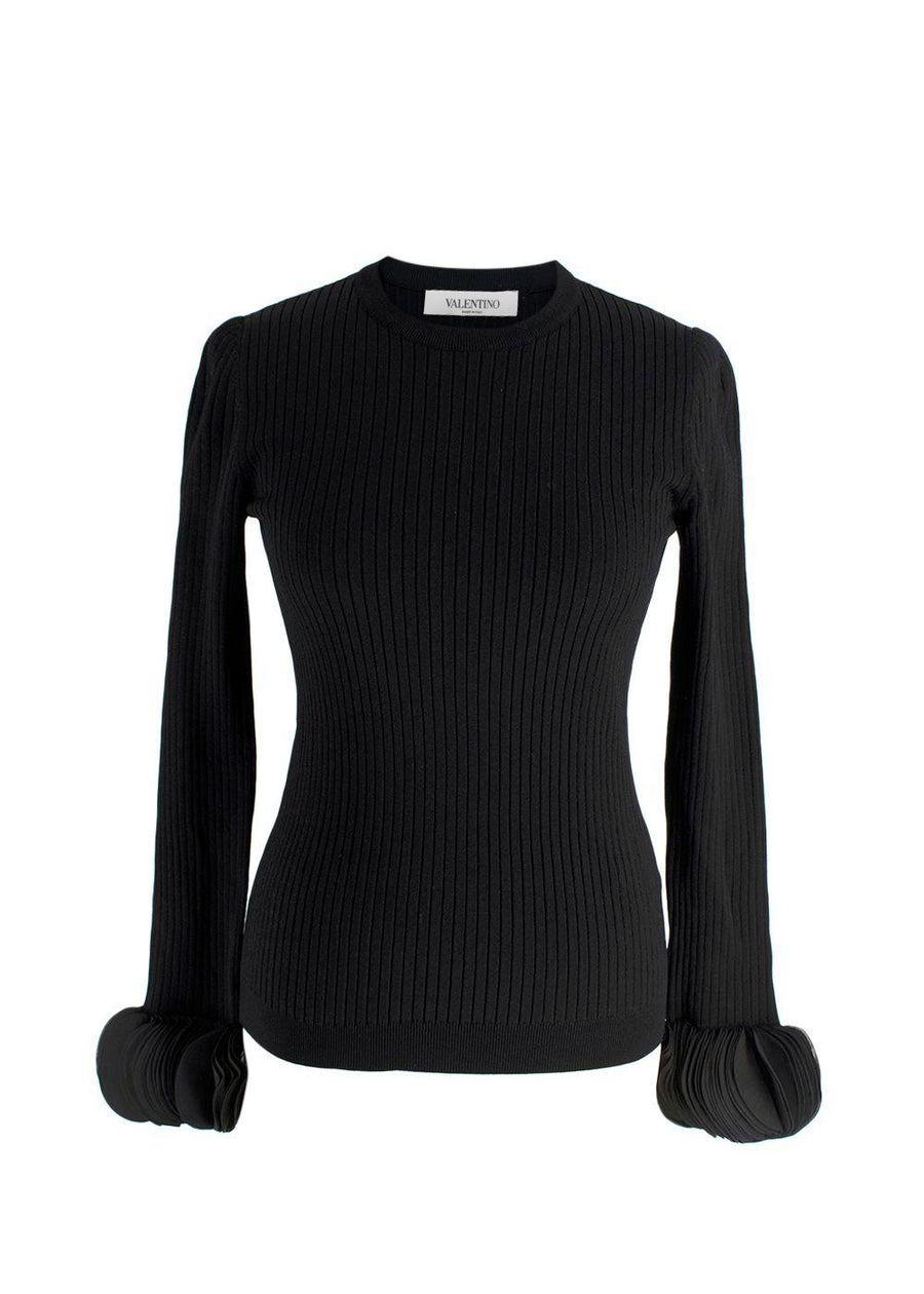 Valentino Black Silk Georgette-Trimmed Ribbed Stretch-Knit Sweater