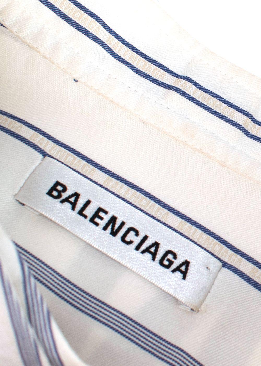 Balenciaga White and Blue Striped Silk Logo Shirt