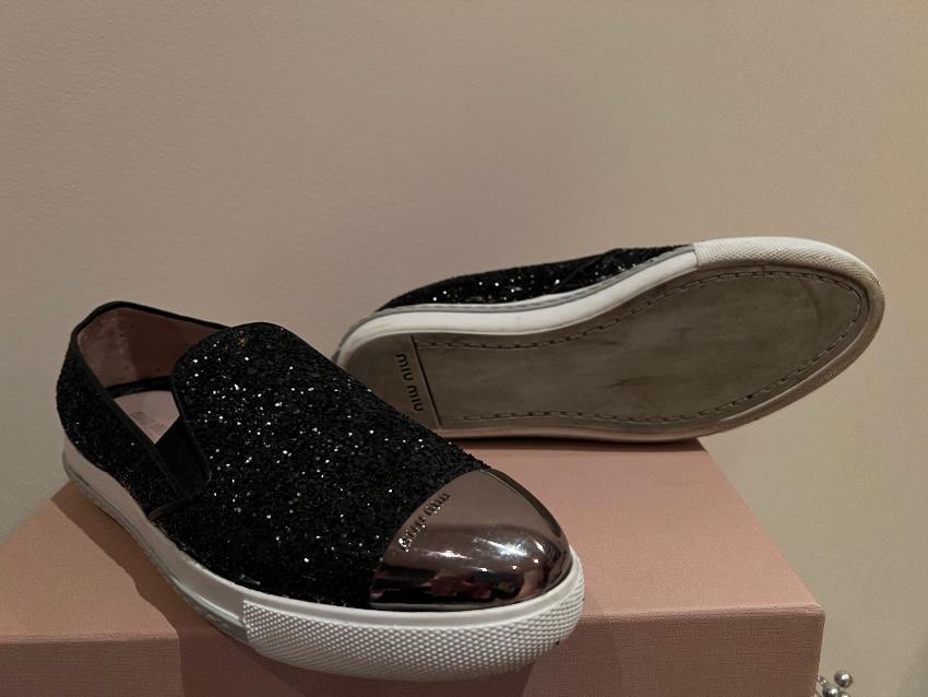 Miu Miu  Black Metallic Silver Toe Cap Slip-On Trainers