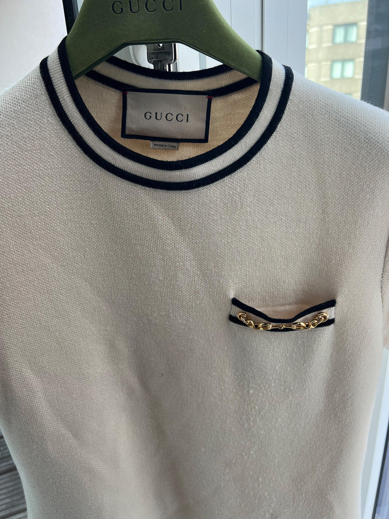 Gucci Cream Horsebit Embellished Wool Mini Dress