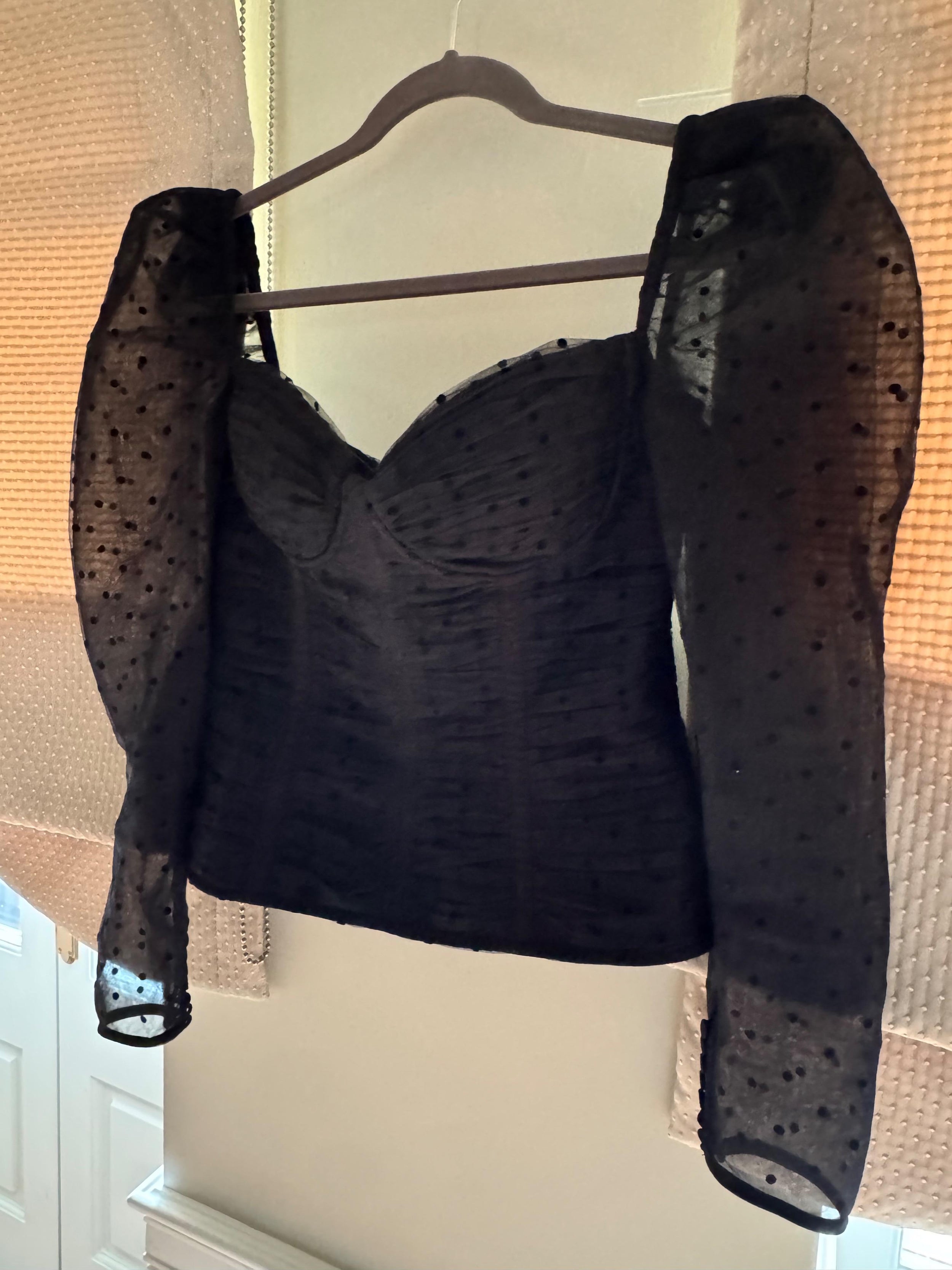 Black Polka-Dot Mesh Long-Sleeve Corset Top