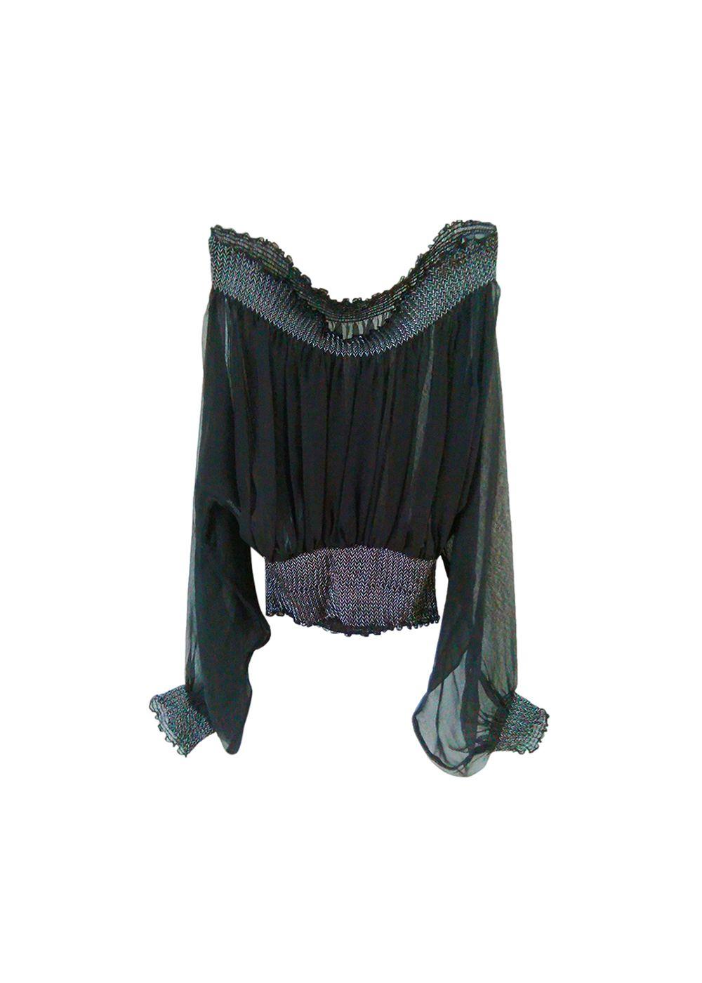 Black Silk Chiffon Off-Shoulder Top
