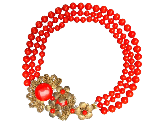 Miriam Haskell Red Three Strand Glass Bead Necklace