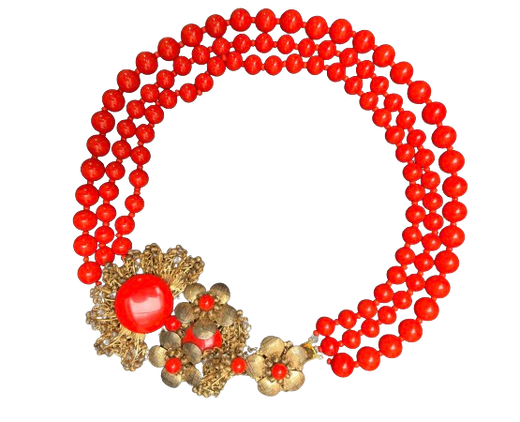 Miriam Haskell Red Three Strand Glass Bead Necklace