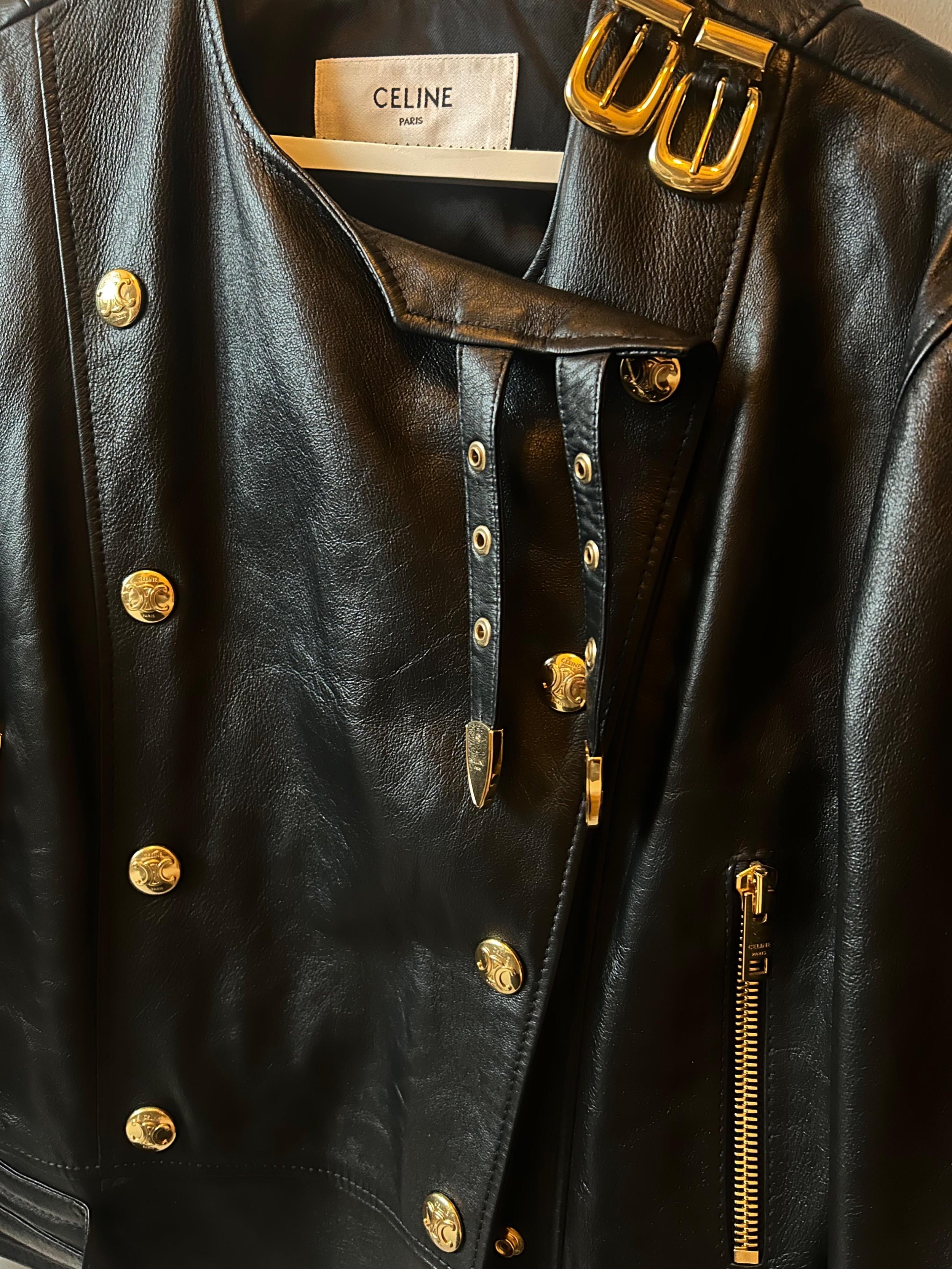 Celine Black Leather Buckle Detail Jacket