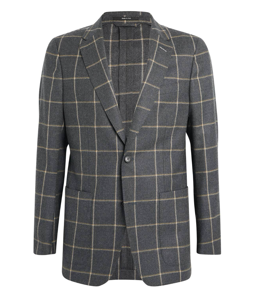 Charcoal Grey Windowpane Checked Wool Blazer