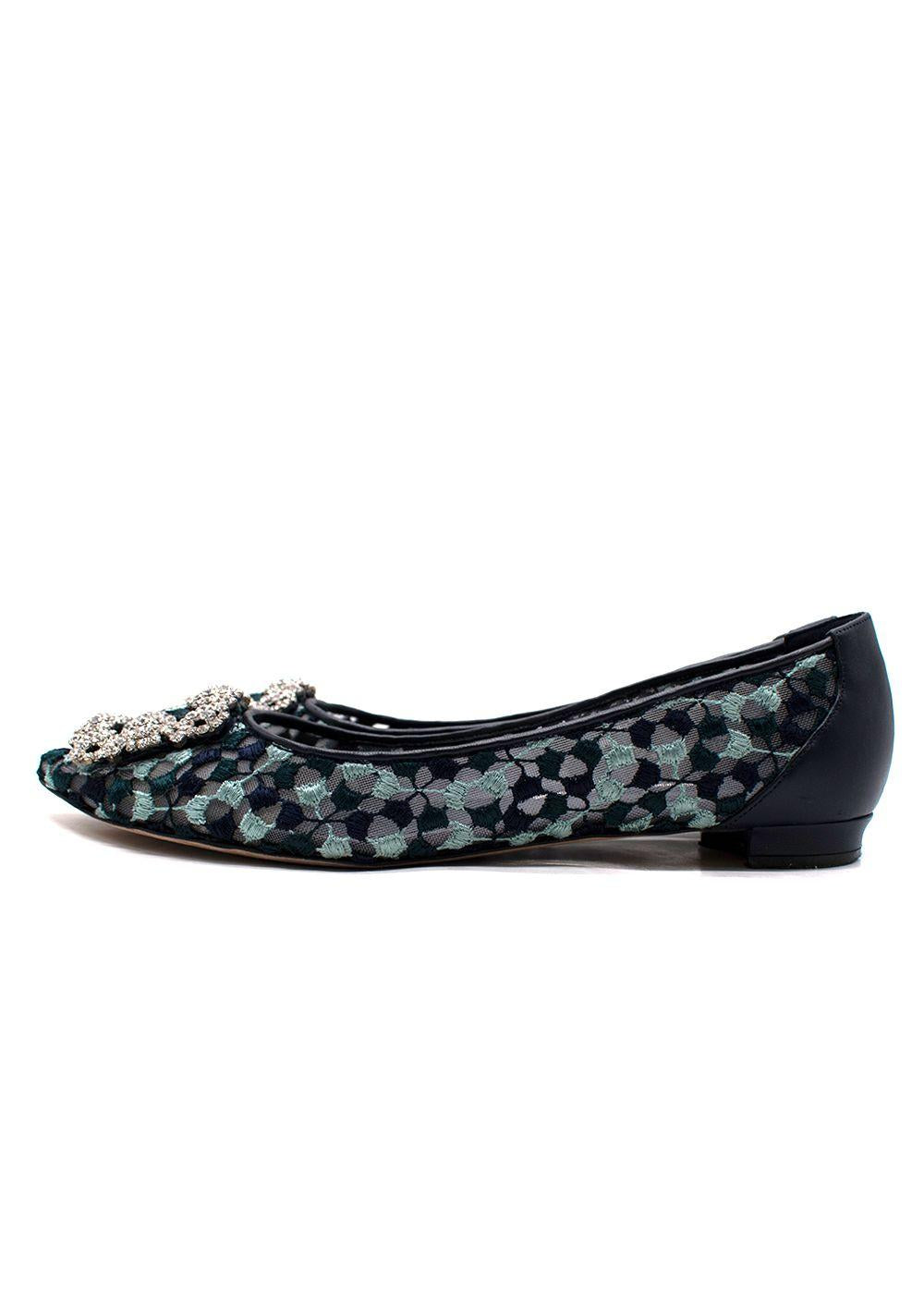 Manolo Blahnik Navy Lace Jewel Buckle Flat Pumps