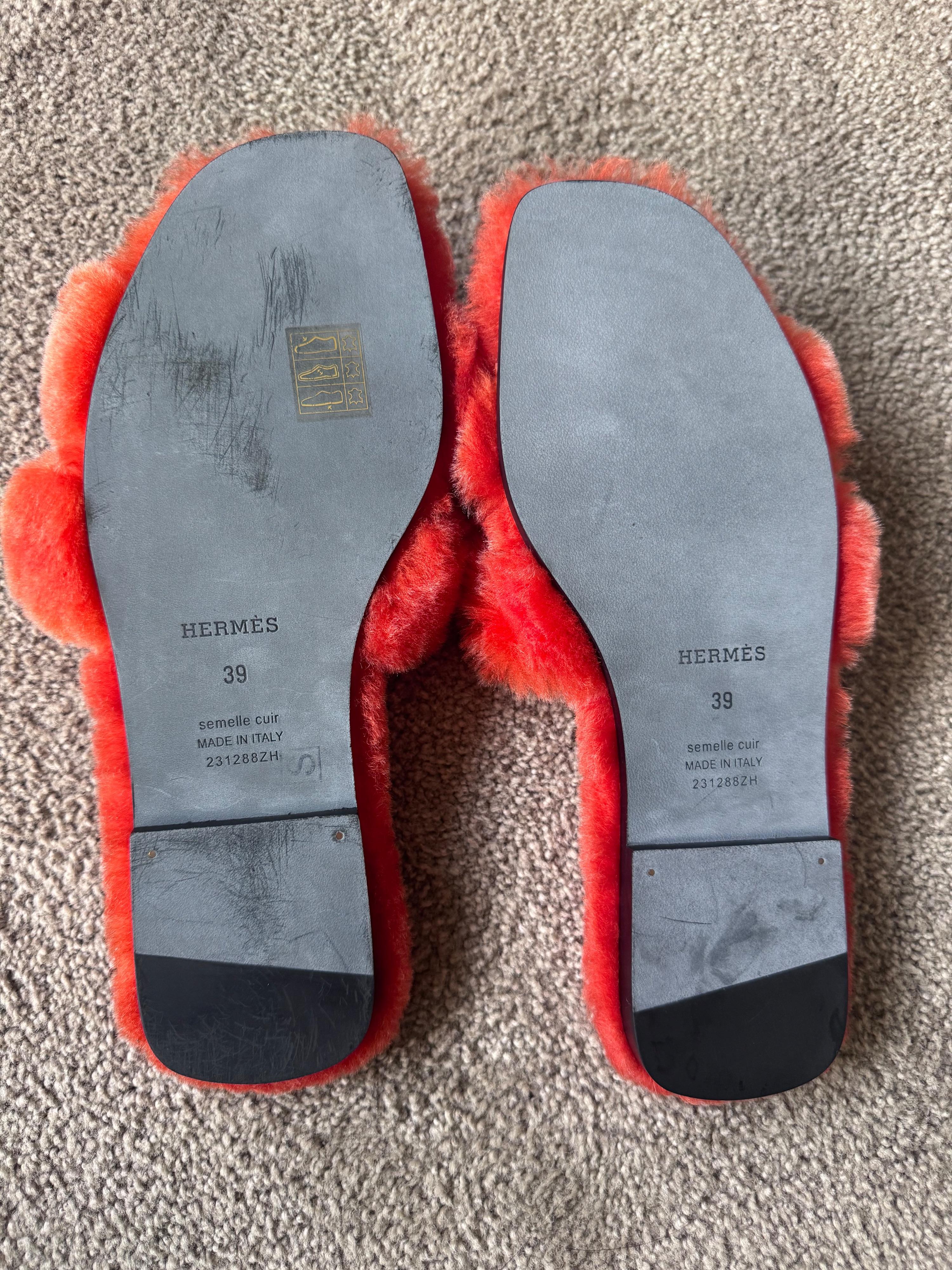 Hermes Pink Shearling Oran Sandals