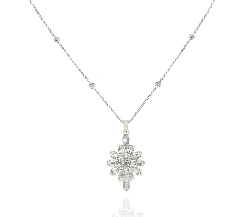 White Gold Diamond Floral Pendant Necklace 0.98ct TDW