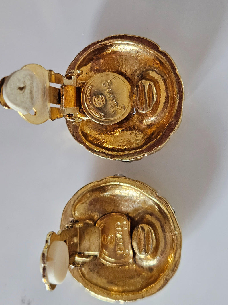 Chanel Vintage Gold Metal and Rhinestone Clip Earrings