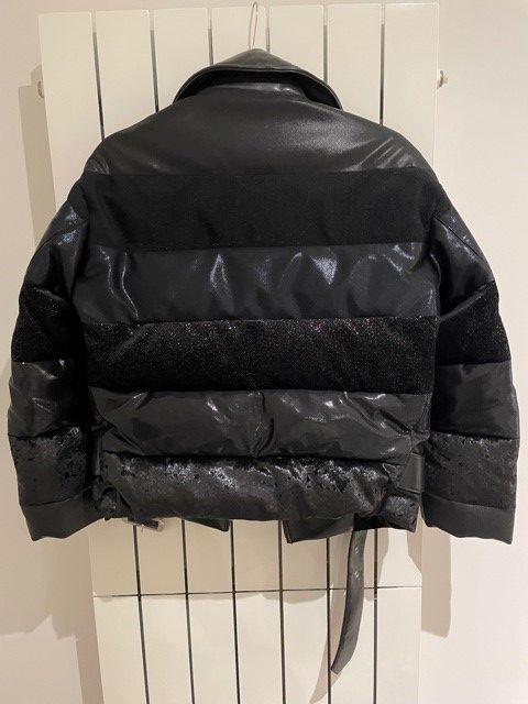 Black faux-leather & fabric patchwork padded biker jacket