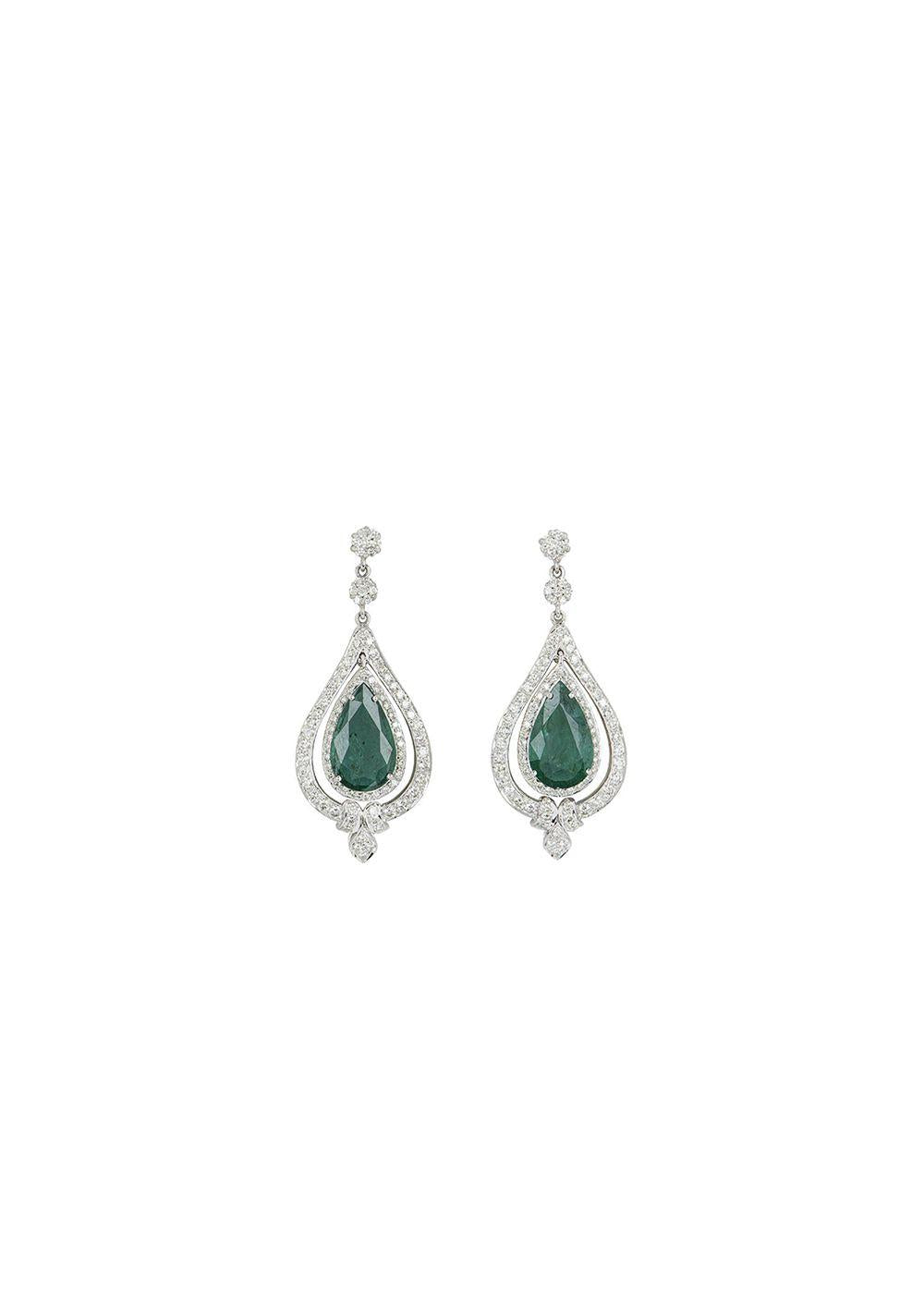 18ct white gold, white diamond & emerald drop earrings