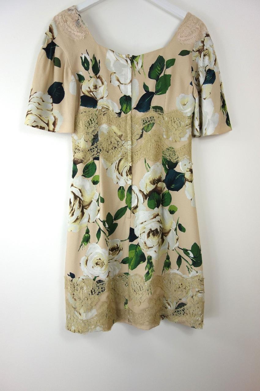 Dolce & Gabbana Beige Floral Print Lace Panelled Shift Dress