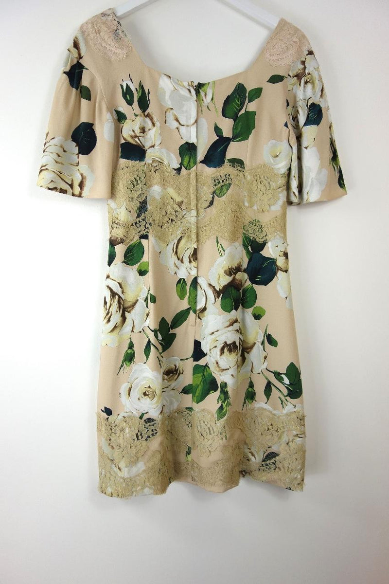 Dolce & Gabbana Beige Floral Print Lace Panelled Shift Dress