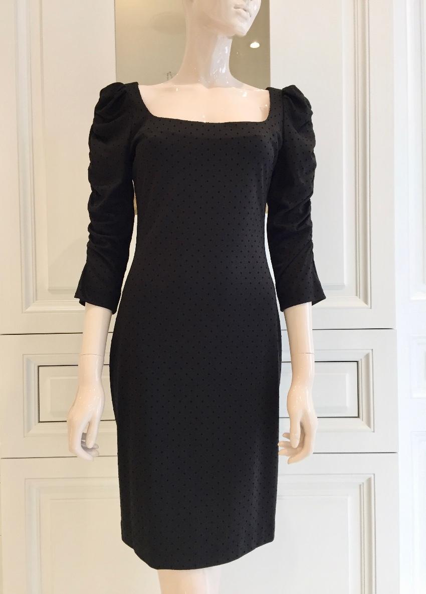 French Couture Black Jersey & Velvet Dot Square Neck Dress