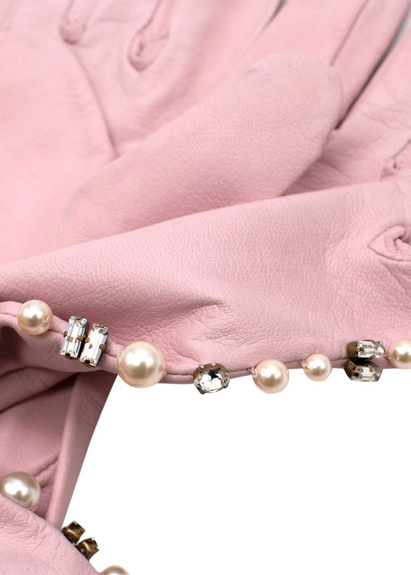 Pearl and Crystal Embellished Pink Leather Gloves