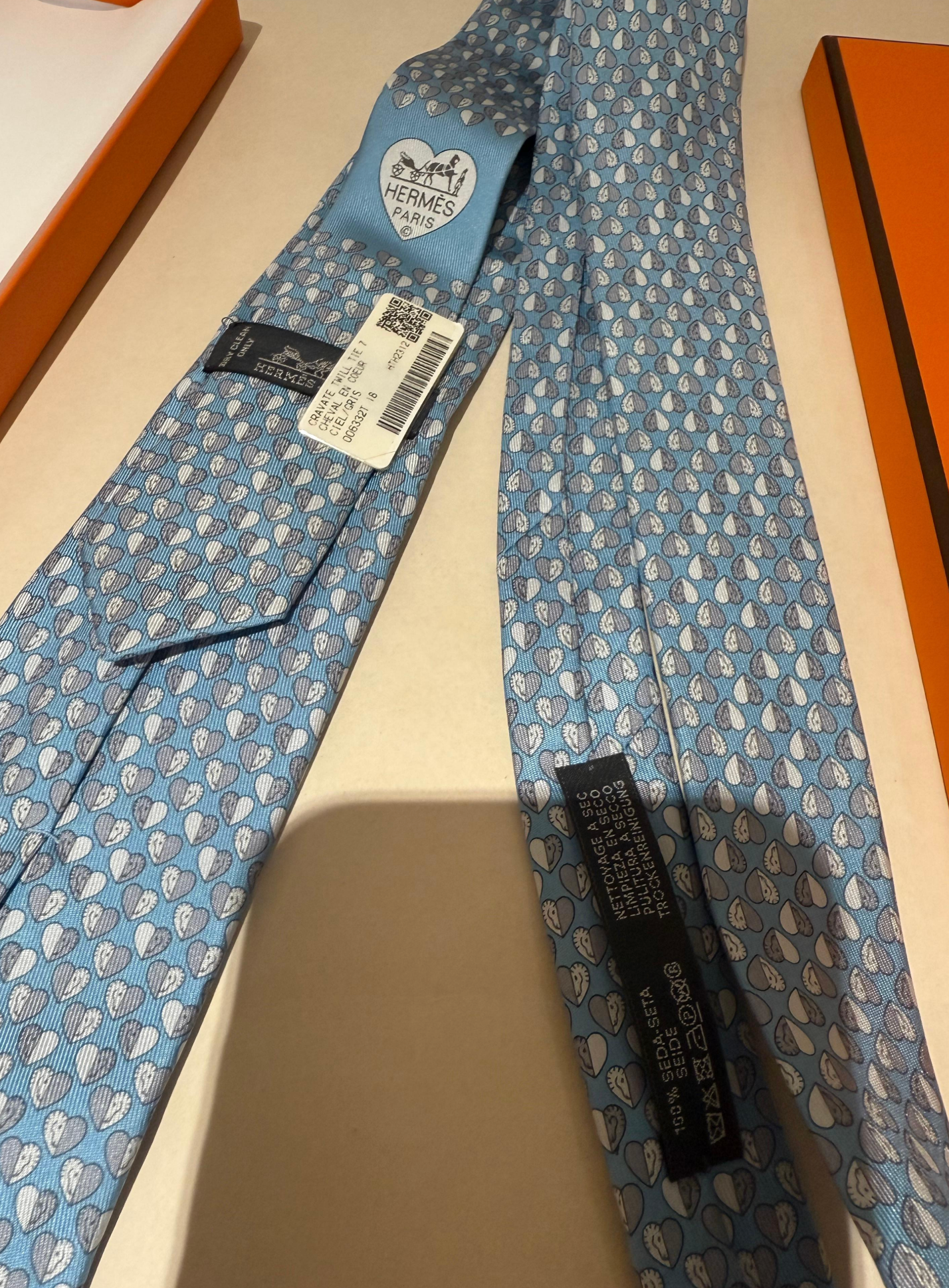 Hermes Light Blue  Cheval En Coeur Silk Tie