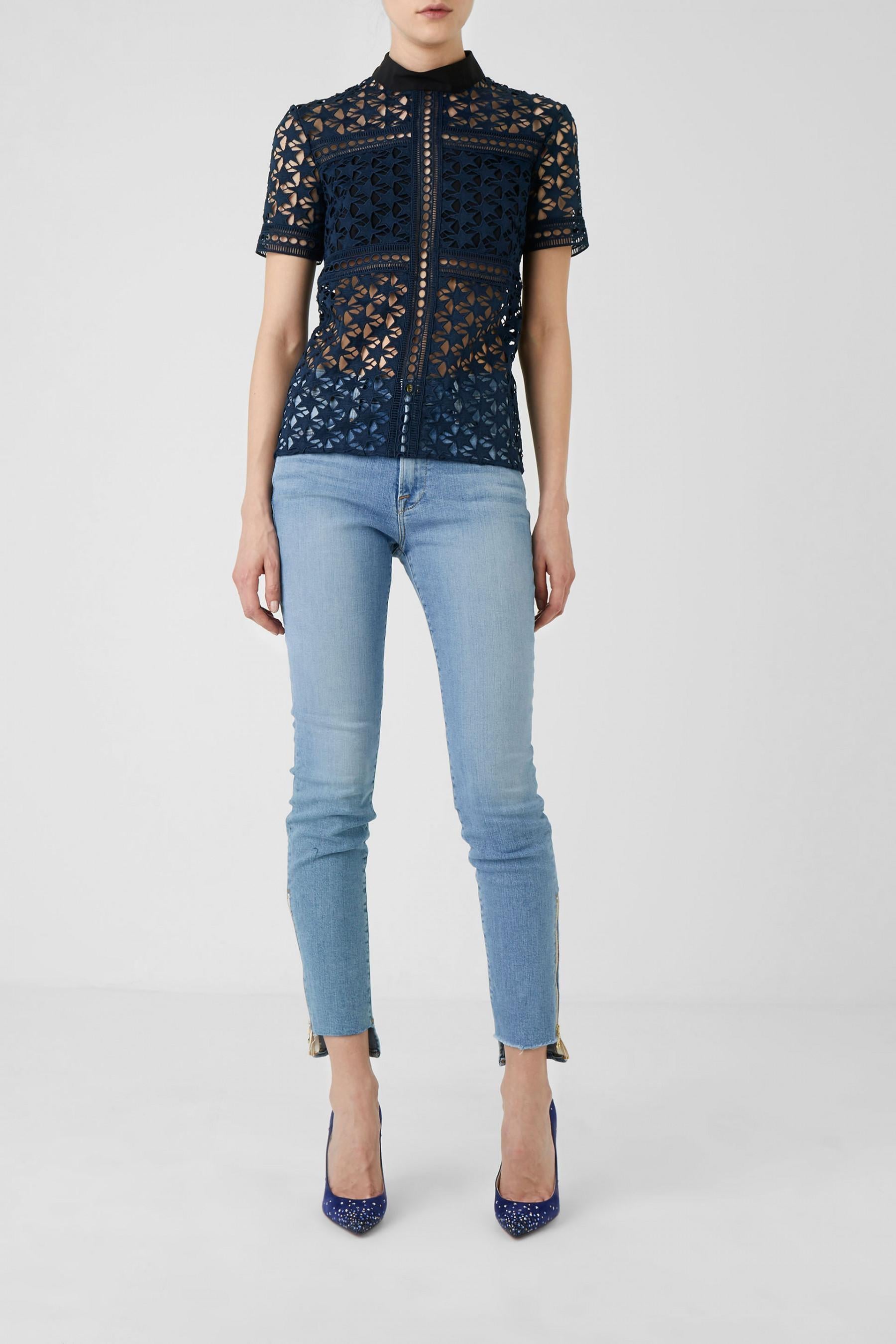 Navy Blue Star Lace Short Sleeved Blouse