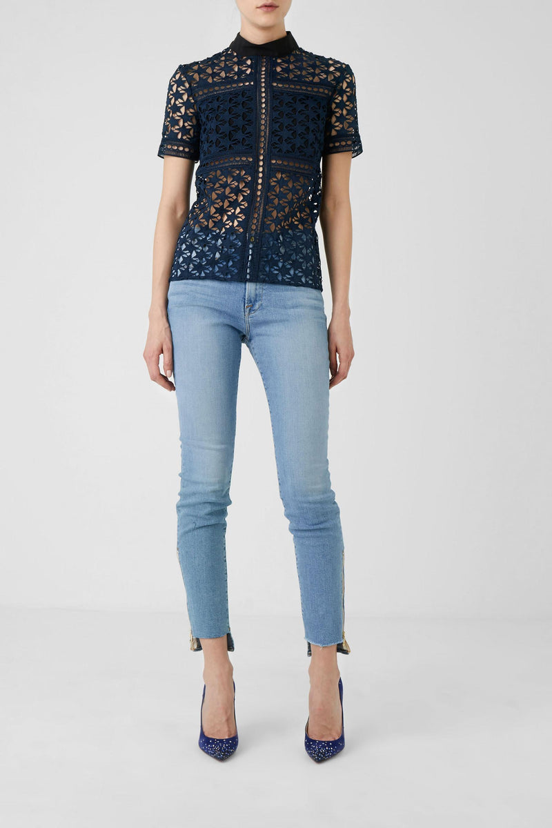 Navy Blue Star Lace Short Sleeved Blouse