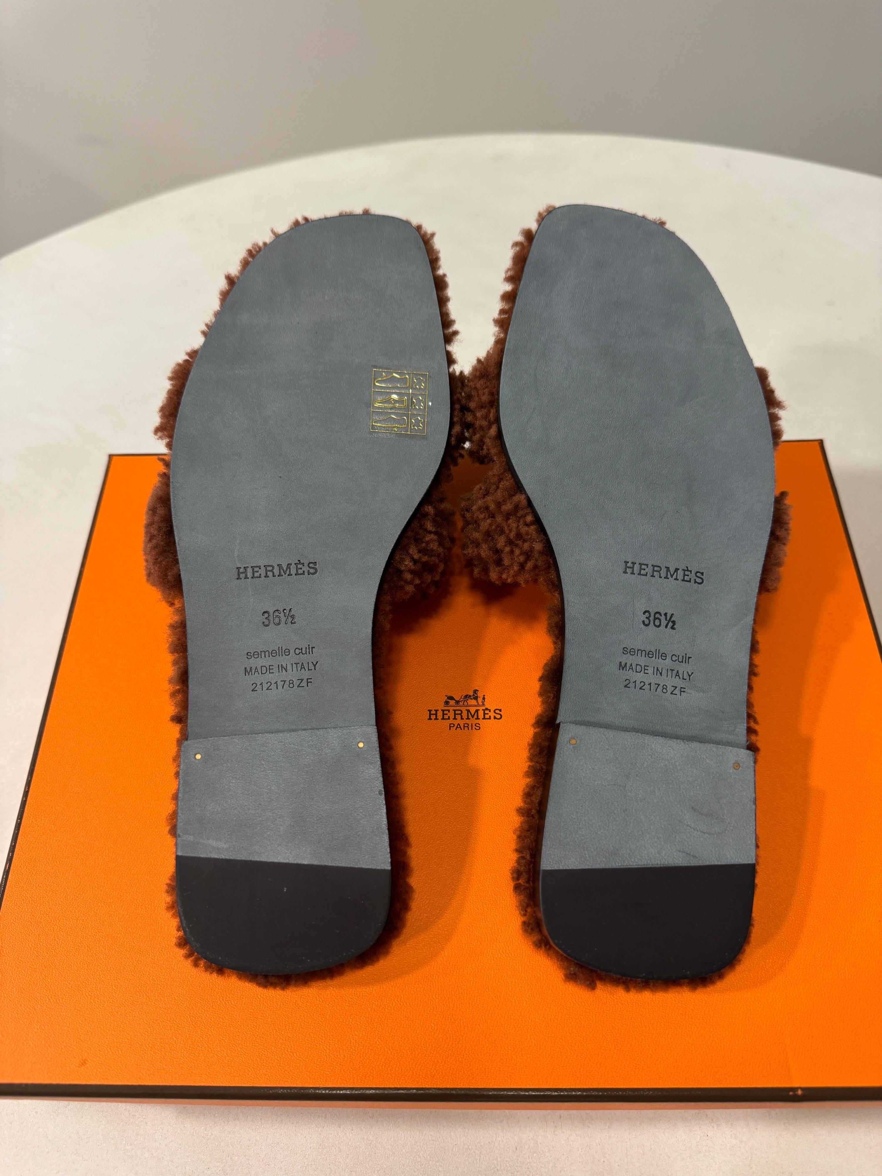 Hermes Cognac Fluffy Oran Sandals