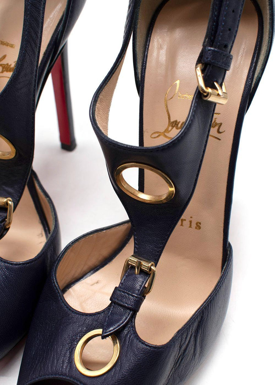 Christian Louboutin Black Leather Peep-Toe T-Strap Heels with Gold Hardware