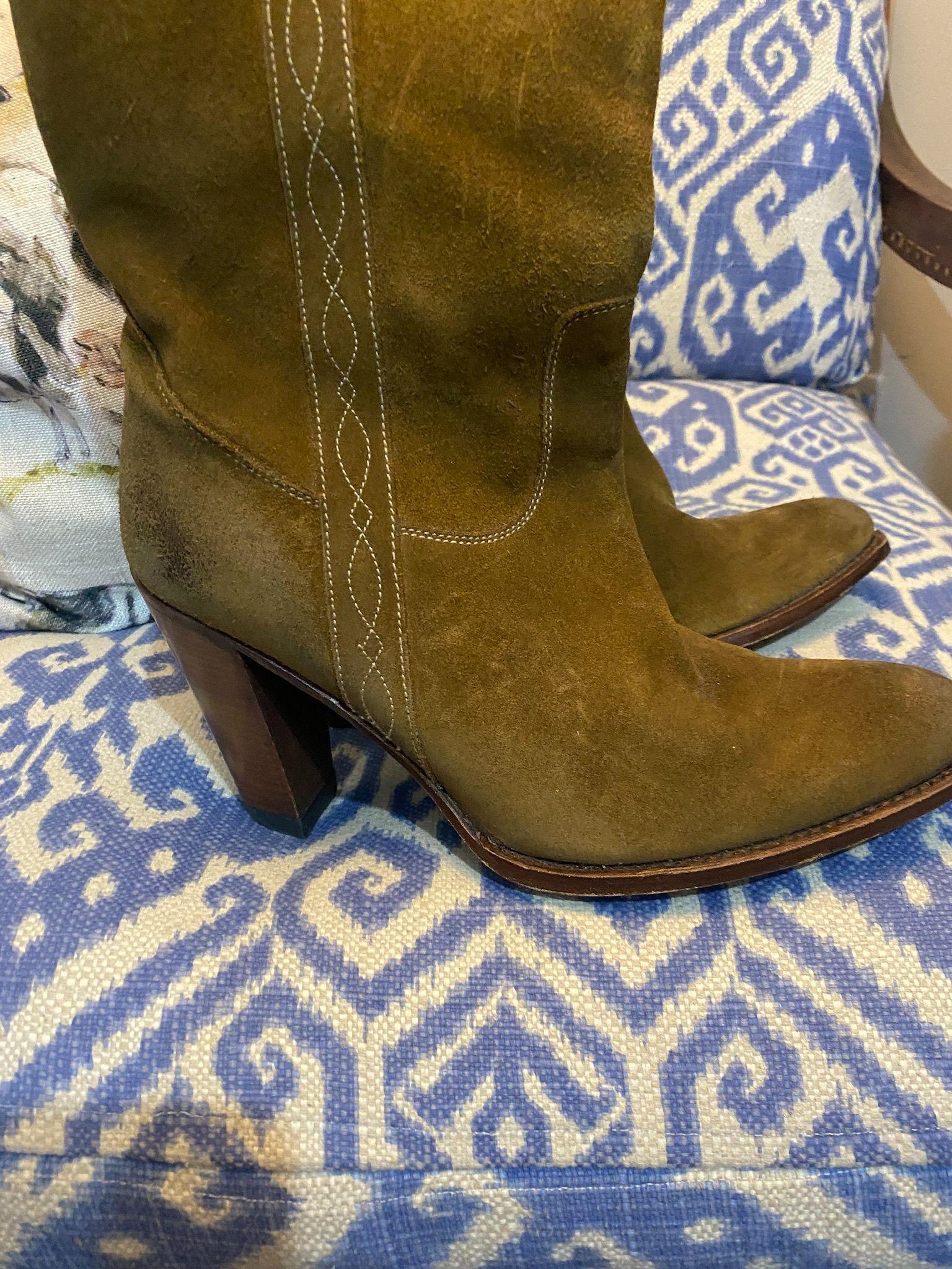 Khaki Suede Embroidered Knee Boots