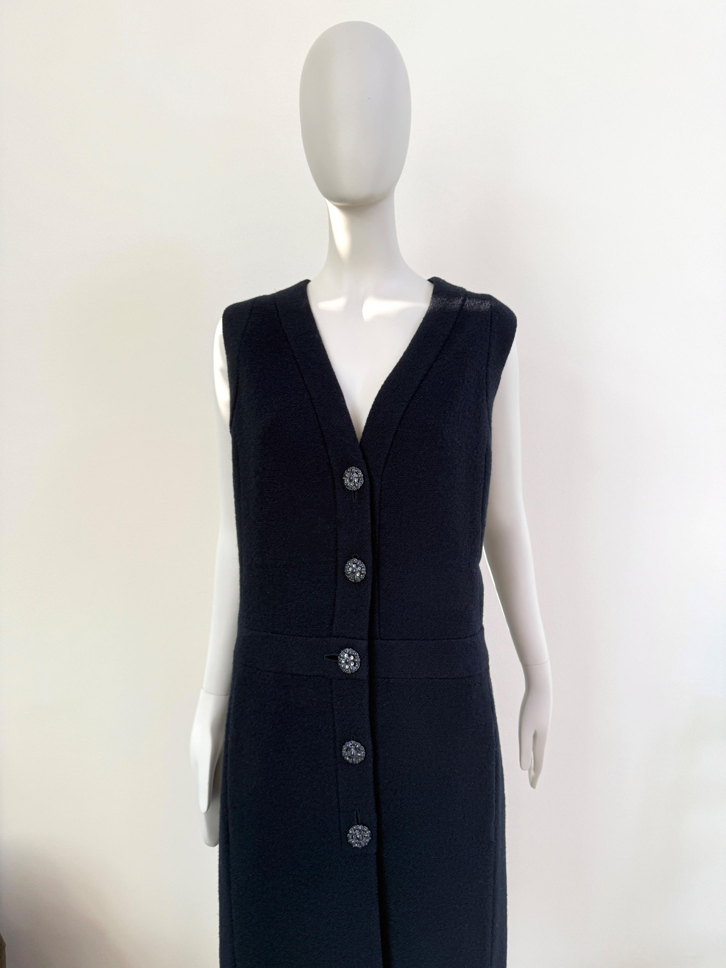Chanel Navy Boucle Tweed Midi Dress  with Gripoix Jewel Buttons
