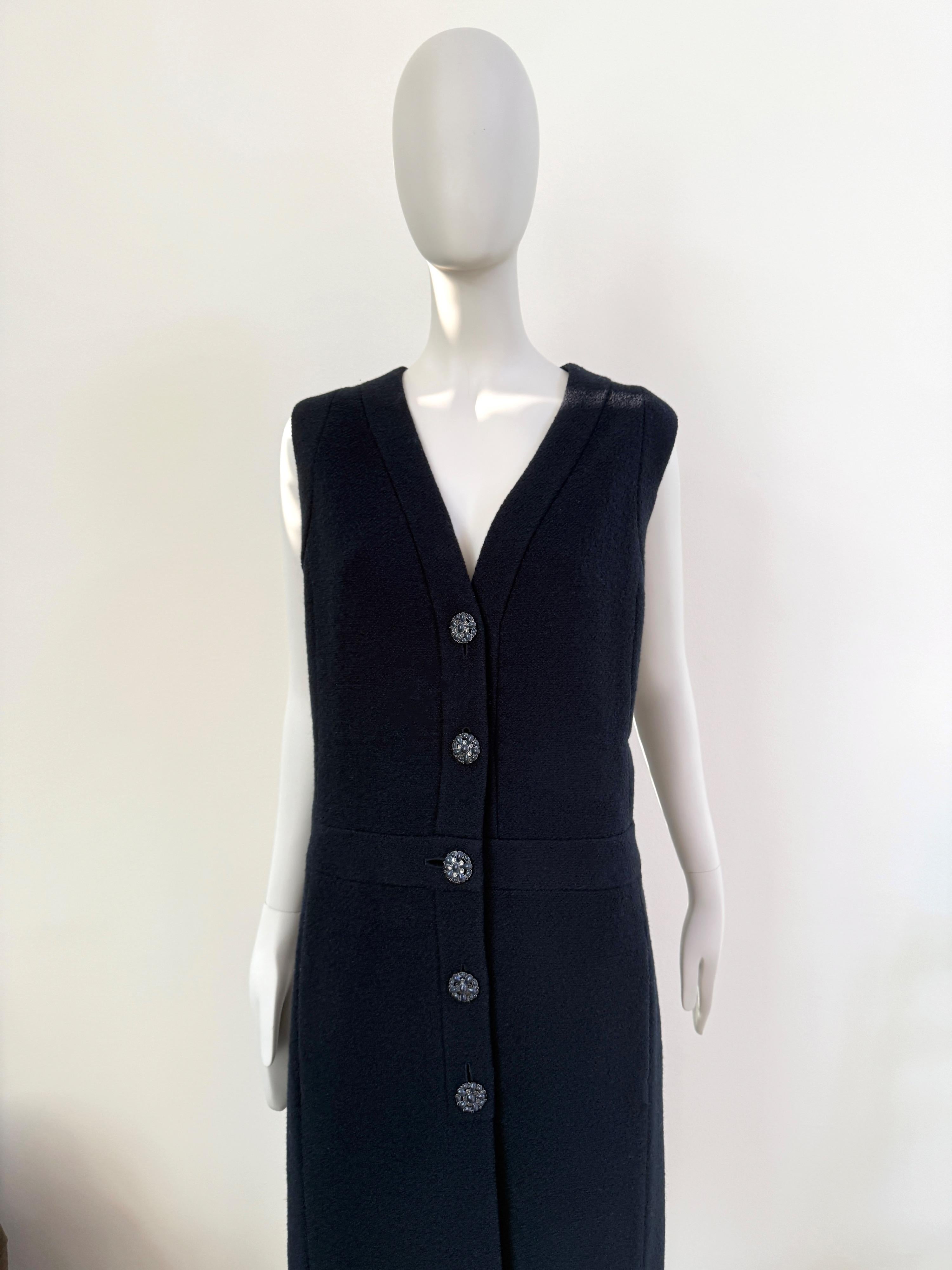 Chanel Navy Boucle Tweed Midi Dress  with Gripoix Jewel Buttons
