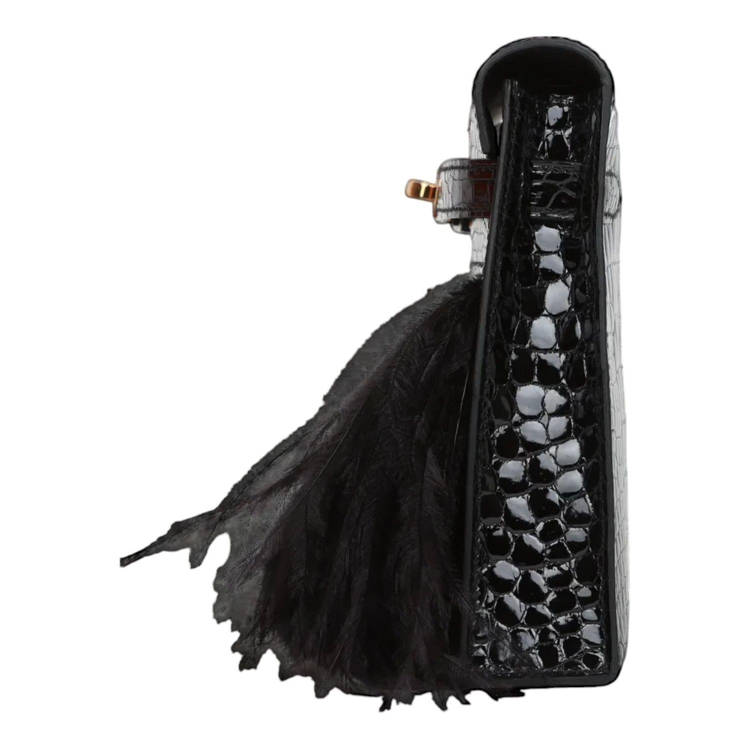 Hermès Kelly Elan Folie Black Crocodile Porosus Lisse Noir / Ostrich Feather And Gold Hardware