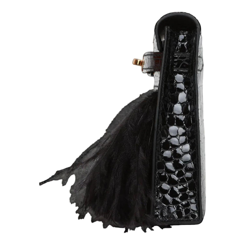 Hermès Kelly Elan Folie Black Crocodile Porosus Lisse Noir / Ostrich Feather And Gold Hardware