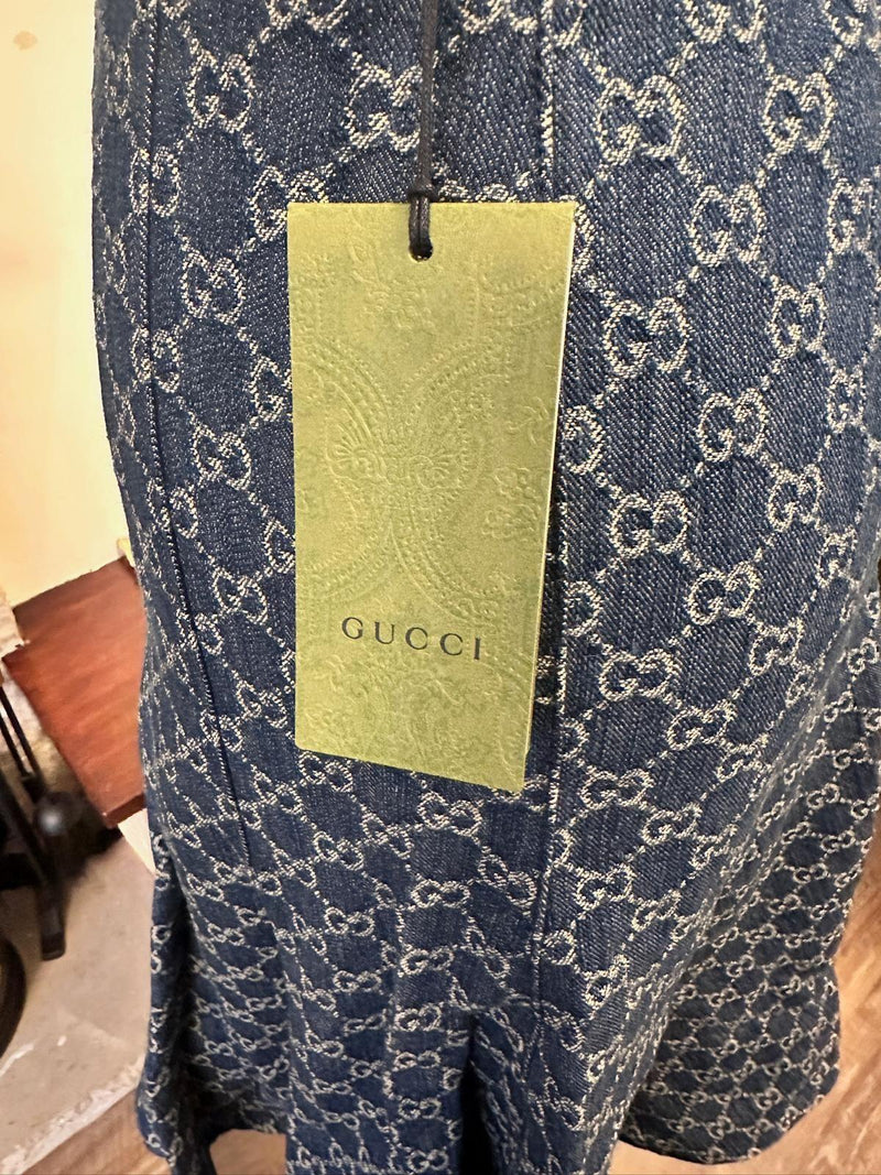 Gucci Monogram Denim Skirt with Leather Trim