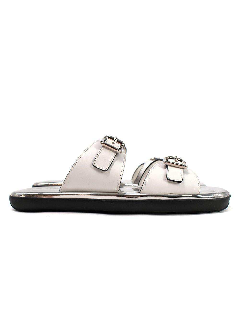 Prada White and Silver Leather Buckle Sandals
